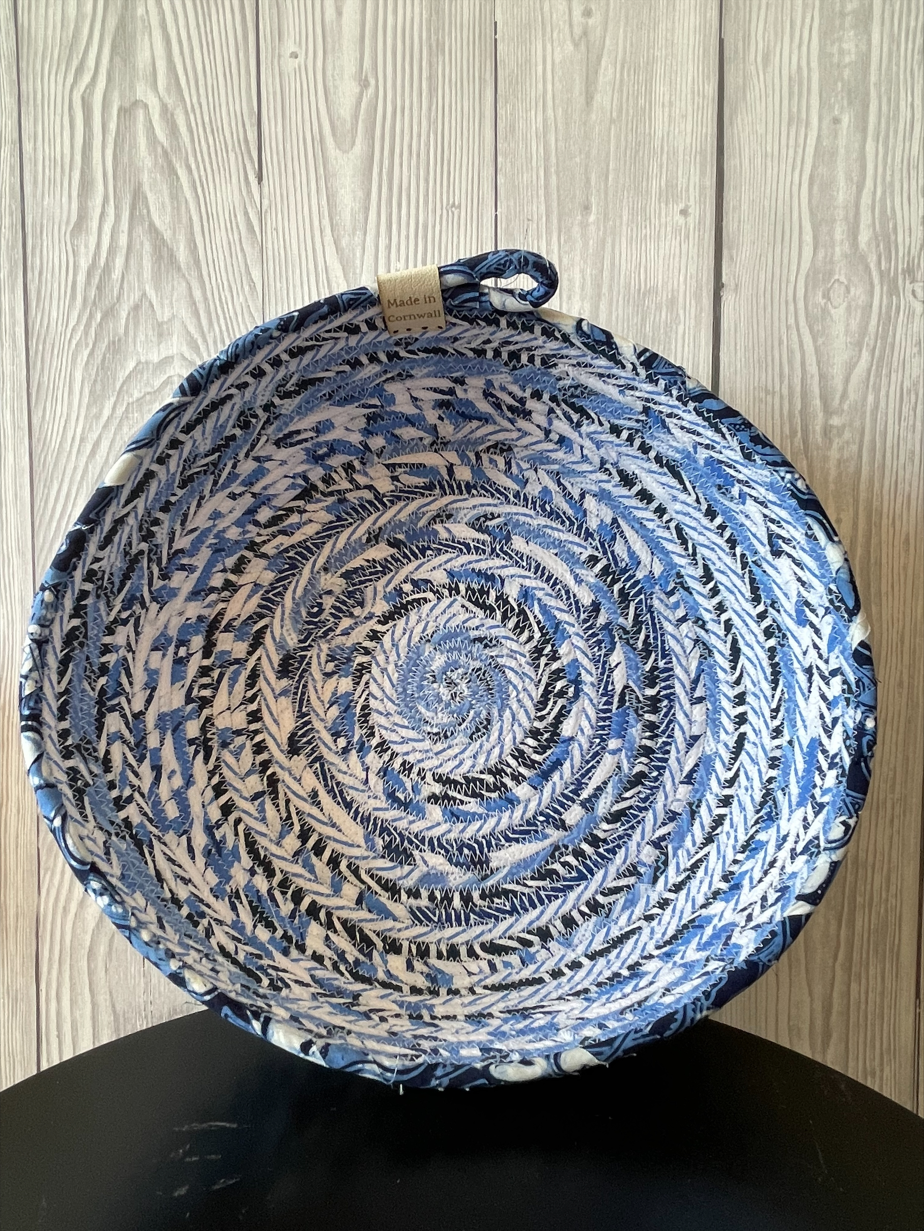 China Blue” Fabric wrapped Rope Bowl.